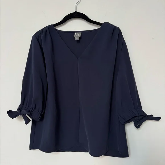 Worthington Navy V-Neck Blouse with Tie Sleeves - Picture 1 of 5